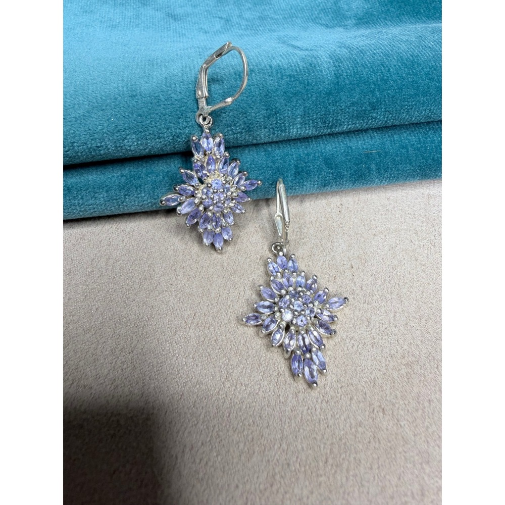 Sterling Silver Amethyst Color Cluster Leverback Dangle Earrings 1.5" - Picture 4 of 4